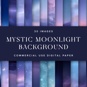 Puede incluir: Una colección de 30 imágenes digitales con un fondo de luz de luna mística. Las imágenes muestran varios tonos de azul, morado y rosa, con elementos celestiales como estrellas y nubes. Texto en una pancarta azul oscuro: "Mystic Moonlight Background".