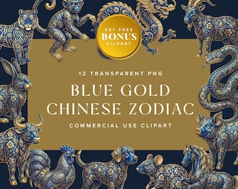 Blue Gold Chinese Zodiac Animals Clipart, Lunar New Year PNG