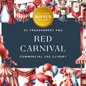 Rode carnaval clipartbundel – feestelijke circusthema-illustraties voor feestuitnodigingen, knutselen, decor en digitale projecten | Direct downloaden