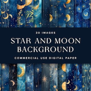 Digitaal papier ster en maan – magische nachtelijke hemelachtergronden voor scrapbooking, uitnodigingen, knutselen en hemels thema | Direct downloaden