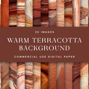 May include: A collection of 30 warm terracotta background images with various textures and patterns. The images are in shades of orange, brown, and beige, with a variety of designs, including marbled, striped, and solid textures. Text reads "Warm Terracotta Background".