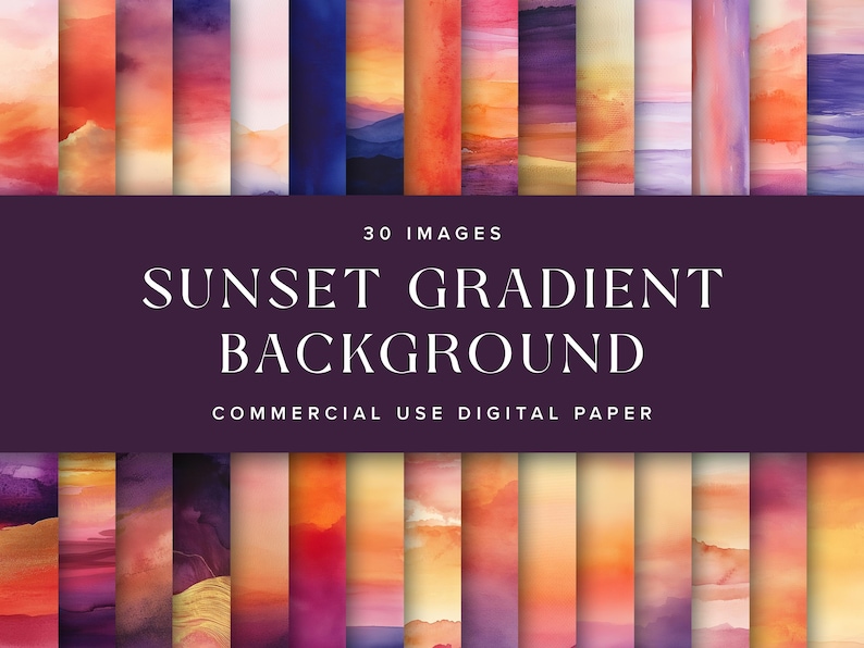 K&ouml;nnte beinhalten: 30 digitale Papierhintergr&uuml;nde mit Aquarell-Sonnenuntergangsverl&auml;ufen in Orange-, Rosa-, Lila- und Blaut&ouml;nen. Der Text "SUNSET GRADIENT BACKGROUND" und "COMMERCIAL USE DIGITAL PAPER" wird auf einem violetten Hintergrund angezeigt.
