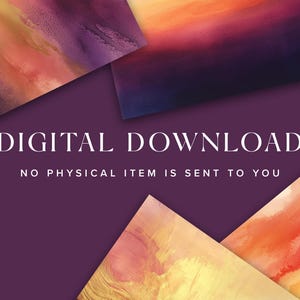 K&ouml;nnte beinhalten: Digitaler Download von vier abstrakten Aquarellhintergr&uuml;nden in Orange-, Gelb-, Lila- und Rosat&ouml;nen. Der Text "DIGITALER DOWNLOAD" und "KEIN PHYSIKALISCHER ARTIKEL WIRD AN SIE GESENDET" wird auf einem violetten Hintergrund angezeigt.