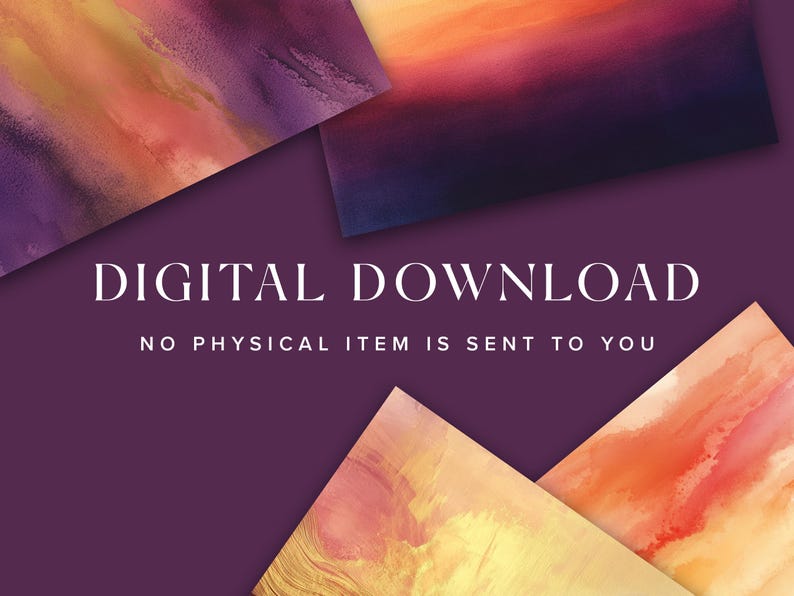 K&ouml;nnte beinhalten: Digitaler Download von vier abstrakten Aquarellhintergr&uuml;nden in Orange-, Gelb-, Lila- und Rosat&ouml;nen. Der Text "DIGITALER DOWNLOAD" und "KEIN PHYSIKALISCHER ARTIKEL WIRD AN SIE GESENDET" wird auf einem violetten Hintergrund angezeigt.