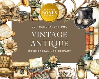 Vintage aquarel clipart bundel | Antieke Victoriaanse PNG-elementen voor junk journals, scrapbooking, Canva en knutselprojecten