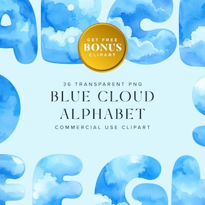 Blauwe wolk alfabet clipart – dromerige luchtletters voor kinderkamerinrichting, babyshoweruitnodigingen, kinderambachten en ontwerpen | Directe digitale download
