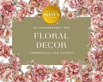 Vintage Floral Clipart Collection: Wedding Flower PNG Graphics (Digital Download)