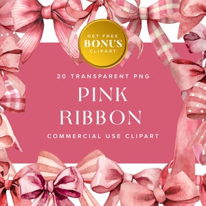 Pink Ribbon Clipart Collection, Watercolor Pastel Color Decorative Elements PNG, Pink Bows for Commercial Use | Instant Digital Download