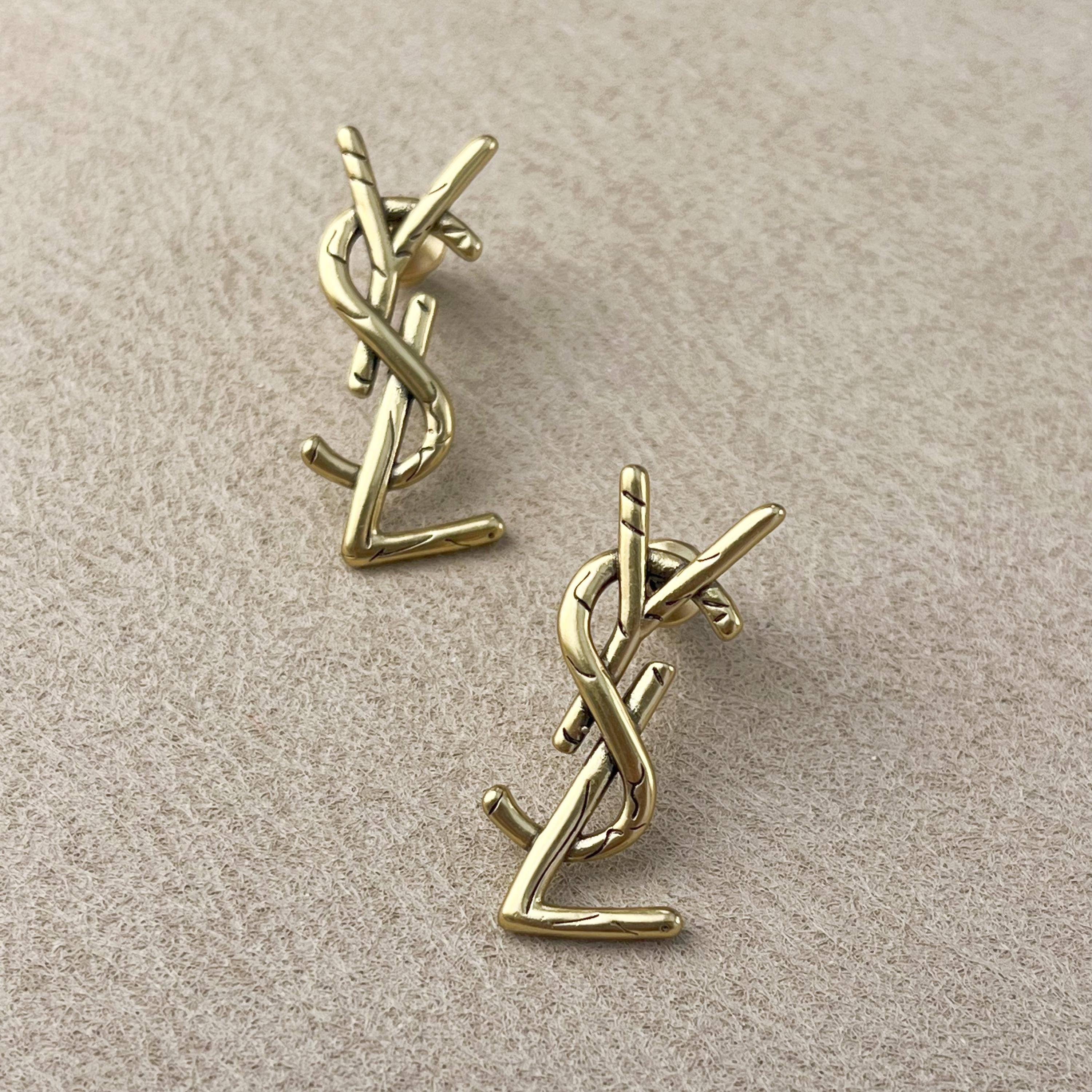 ピアス Saint Laurent SS23 Golden l earrings (737929Y1591 9856) Saint Laurent Single Rhinestone-Embellished Earring - Gold