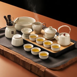 Minimalist Chinese Gongfu Tea Set – White Porcelain Teapot - 8 Cups with Tray – Complete Traditional Teaware for Ceremony & Zen Decor