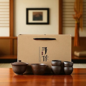 Rustic Handmade Chinese Tea Set – 5pcs Yixing Style Clay Gongfu Teaware with Gift Box | Traditional Asian Pottery Tea Cups & Gaiwan
