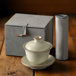 Minimalist Celadon Gaiwan Tea Set – Handmade Chinese Gongfu Teacup with Lid & Saucer | Rustic Ceramic Teaware for Loose Leaf Tea Lovers