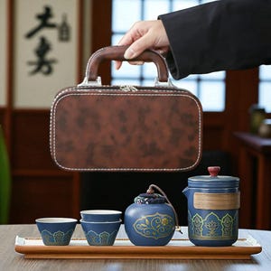 May include: A brown leather tea set travel case with a handle, zip, and white stitching. The set includes a blue teapot, cups, and a tea container with gold floral designs. The tea set is displayed on a wooden tray.