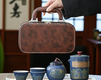 Portable Ceramic Kung Fu Tea Set: Travel Teapot, Canister & Cups with Leather Bag