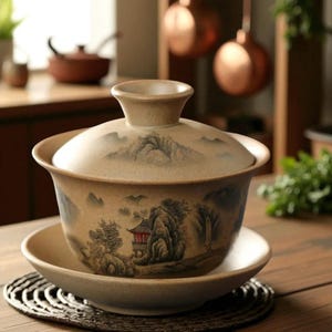 Rustic Yixing Style Gaiwan Tea Cup – Handmade Chinese Ceramic Gaiwan with Lid & Saucer | Calligraphy Gongfu Teaware for Loose Leaf Tea