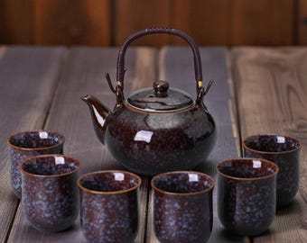 Large Ceramic Chinese Tea Set: Kung Fu Teapot with Lifting Beam