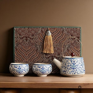 Blue White Chinese Teapot Set –Porcelain Gongfu Tea Pot with 2 Cups  Decorative Box Vintage Asian Floral Ceramic Teaware for Gift or Display