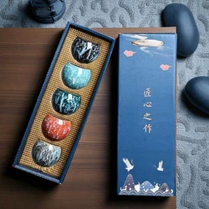 Temmoku Glaze Ceramic Tea Cups Set of 5 – Japanese Style Colorful Gongfu Teacups Gift Box – Handmade Porcelain Tea Bowl Set