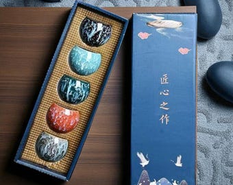 Temmoku Glaze Ceramic Tea Cup Set: Japanese Gongfu Porcelain Bowls