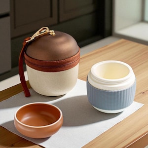 May include: A collection of small, round containers in various colors. The largest container is brown and cream-colored with a zipper and a brown strap. A smaller, light blue and white container and a small, orange bowl are also present.