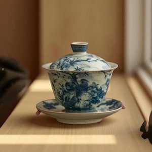 Blue & White Chinese Gaiwan Tea Set – Hand-Painted Porcelain Gongfu Teacup with Lid - Saucer + Matching 3 Cups | Dragon Bird Ceramic Teaware