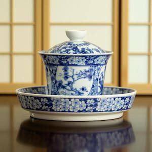 May include: A blue and white porcelain tea set, comprising a lidded cup and saucer. The cup and saucer are adorned with floral and tree branch designs. The tea set has a traditional Asian aesthetic, with measurements in centimetres.
