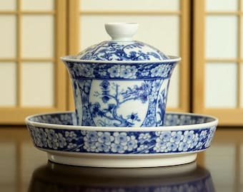 Jingdezhen Blue & White Gaiwan 170ml – Antique Chinese Tea Tureen | Twelve Gods of Flowers