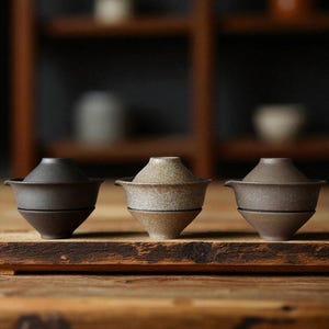 May include: Three ceramic tea bowls with lids, each in a different shade of brown and tan, are arranged on a wooden surface. The bowls have a conical shape and a small lip. The background is blurred.