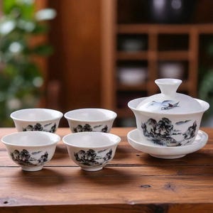 Hand-Painted Chinese Gaiwan Tea Set with 4 Cups – Porcelain Gongfu Tea Brewing Set | Landscape Art Ceramic Teaware with Lid & Saucer