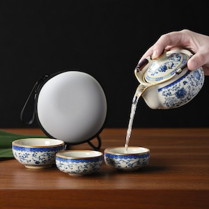 Portable Chinese Tea Set with Travel Case – Blue & White Porcelain Gongfu Teapot with 3 Cups – Kung Fu Teaware, Asian Gift for Tea Lovers