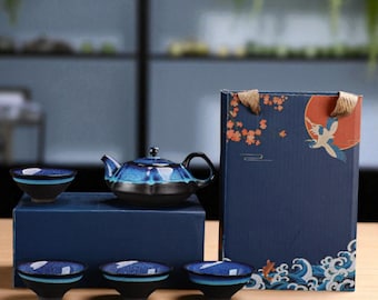 Temmoku Blue Ceramic Tea Set: Japanese Gongfu Teapot & Cups - Gift Box