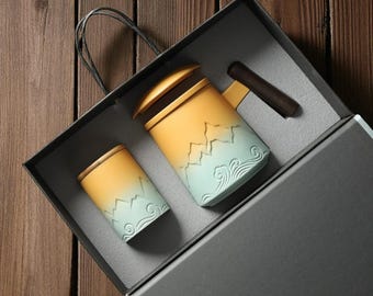 Portable Gongfu Tea Set: Gradient Ceramic Teapot with Wooden Handle