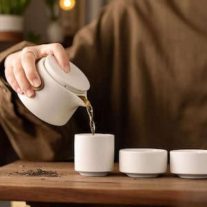 Portable white Pottery Kungfu Tea Set - Teapot & Cups Travel Set | Delightful Ceramics-Chinese Tea Set for On-the-Go Gongfu Brewing