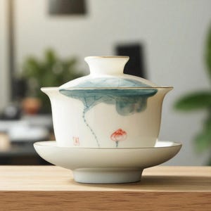 May include: A white porcelain tea set with a lid, cup, and saucer. The cup and lid feature a blue and green lotus design with gold trim. A red flower is painted on the cup. The set is placed on a wooden surface.
