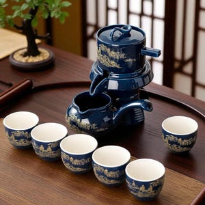 May include: A dark blue ceramic tea set with a unique waterfall design. The set includes a teapot, a serving pot, and six small cups. Each piece is adorned with a gold landscape design. The cups and pots have a white interior.