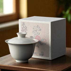 White Porcelain Gaiwan Tea Cup with Lid & Saucer – Chinese Kungfu Tea Set | Traditional Ceramic Gongfu Brewing Bowl