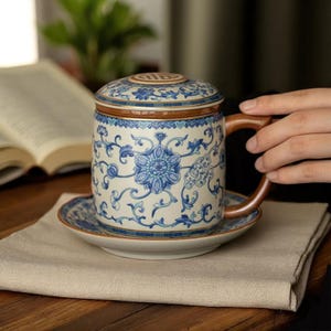 Ru Kiln Blue-White Ceramic Tea Mug – Chinese Kungfu Teacup with Infuser, Lid & Saucer – Cracked Glaze Handmade Gift for Tea Lovers
