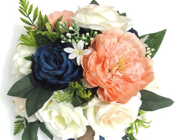 Wedding Bouquet, Bridal Bouquet package, CORAL NAVY Blue PEACH, wedding Silk, flower Bouquet Bridesmaid Bouquet set corsage "RosesandDreams"