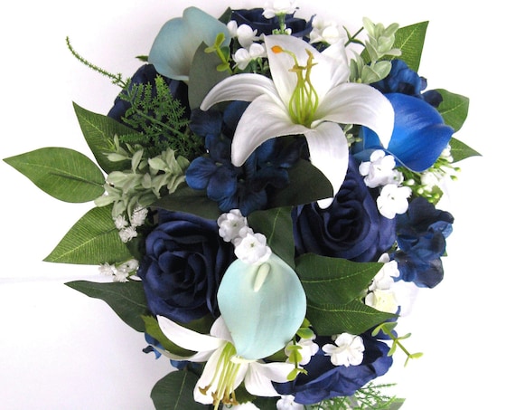 17 piece Wedding Bouquet set Bridal Bouquet sets NAVY BLUE Royal LILY Silk Flower Bouquet Wedding flowers Bridesmaids Toss "RosesandDreams"