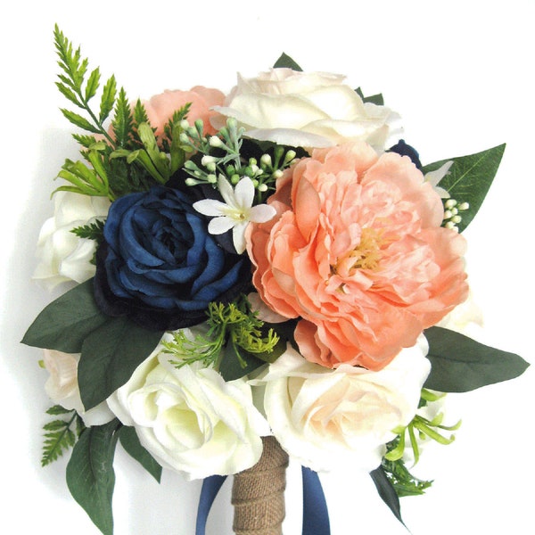 Wedding Bouquet, Bridal Bouquet package, CORAL NAVY Blue PEACH, wedding Silk, flower Bouquet Bridesmaid Bouquet set corsage "RosesandDreams"