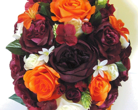 Wedding Bouquet, 17-piece set Bridal Cascade Bouquet ORANGE, EGGPLANT, BURGUNDY, Fall wedding, Silk Flower Bouquet Bridesmaid RosesandDreams