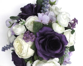 Wedding Bouquet 17 piece Bridal Cascade bouquet set, PURPLE CREAM LAVENDER Lilac Bridesmaid Bouquet, Wedding Silk flowers "RosesandDreams"