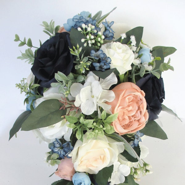 Wedding Bouquet, Bridal Cascade bouquet set, CREAM NAVY Blue Peach BLUSH, Wedding Bouquet Silk Flower, Bridesmaid Bouquet "RosesandDreams"