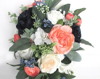 Wedding Bouquet set, Bridal Cascade bouquet, CORAL, BLUSH, Dark NAVY Blue, Wedding Bouquet Silk Flowers, Bridesmaid bouquet "RosesandDreams"