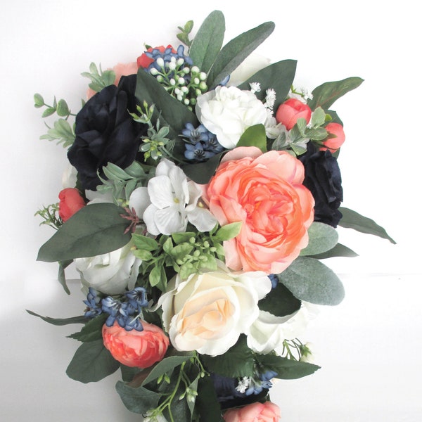 Wedding Bouquet set, Bridal Cascade bouquet, CORAL, BLUSH, Dark NAVY Blue, Wedding Bouquet Silk Flowers, Bridesmaid bouquet "RosesandDreams"