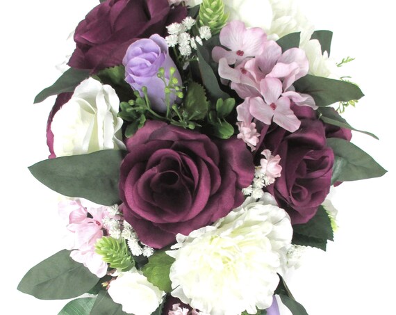 17 piece Wedding Bouquet set Bridal Bouquet package Cascade PLUM Lilac LAVENDER Purple Silk Wedding flowers Bridesmaid "RosesandDreams"