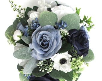 Wedding Bouquet, 17-piece Bridal Cascade bouquet set, Dark NAVY blue, White, DUSTY Blue, Wedding flowers bouquet Bridesmaid "RosesandDreams"