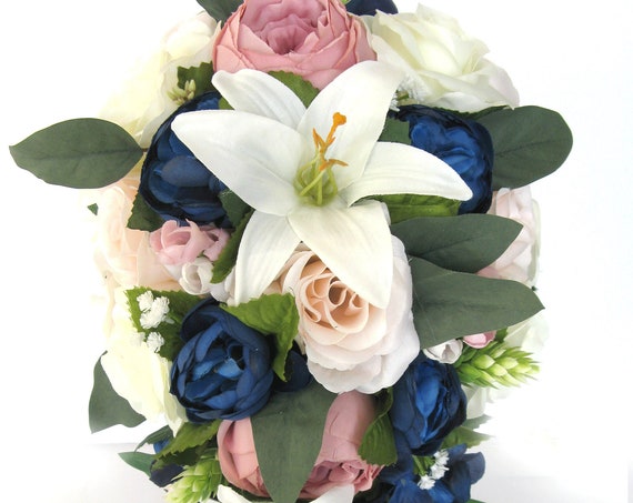 17 piece Wedding Bouquet set Bridal Bouquet PINK BLUSH MAUVE Lily Navy blue Silk flower Bouquet Wedding flowers Bridesmaid "RosesandDreams"