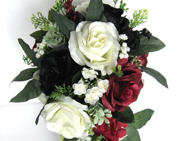 Wedding Bouquet, 17-piece Cascade Bridal bouquet set, BURGUNDY, BLACK, IVORY Wine Bridesmaid Bouquet Wedding flower Bouquet "RosesandDreams"