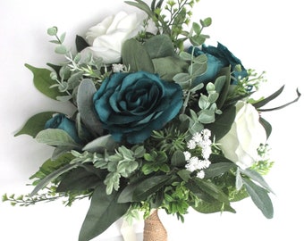 Wedding Bouquet 17 piece Set Bridal bouquet GREENERY TEAL BLUE Mauve Navy Aqua Orange Lavender Wedding flower Bouquet "RosesandDreams"